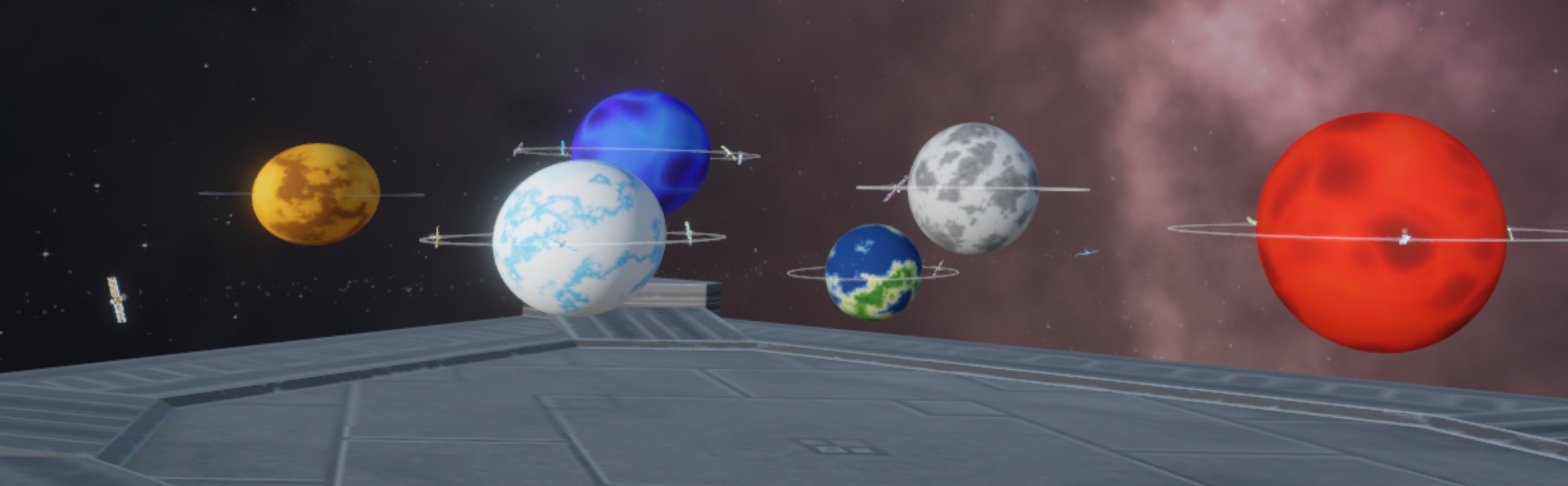 SpaceSound Virtual Environment Illustration showing sound planets and satellites