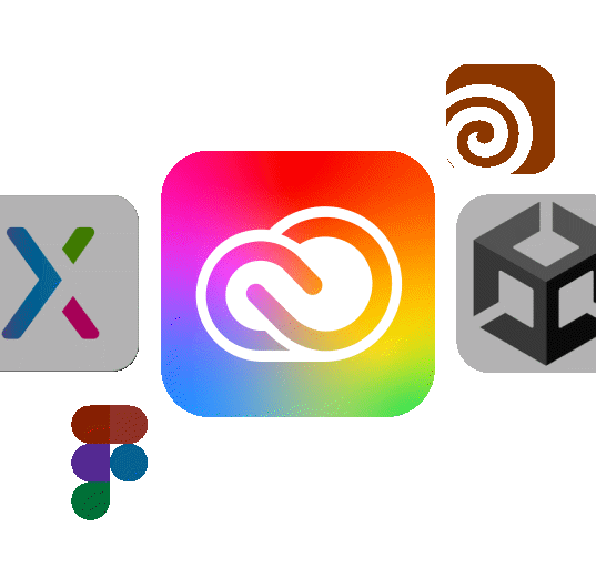 Logos of various applications, e.g. Adobe, Figma, and Axure RP